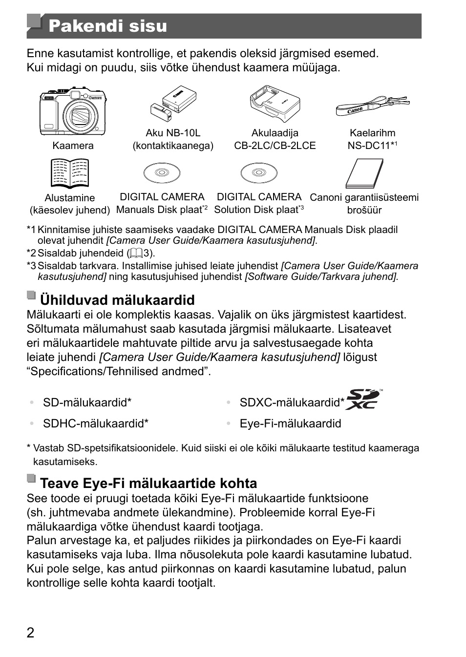 Pakendi sisu, Ühilduvad mälukaardid, Teave eye-fi mälukaartide kohta | Canon PowerShot G15 User Manual | Page 114 / 146