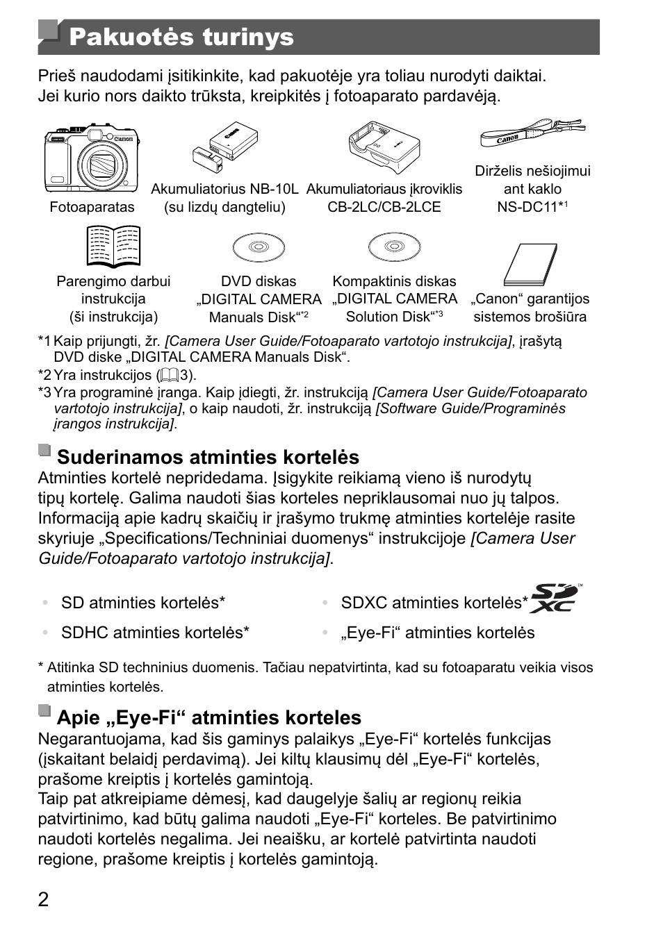 Pakuotės turinys, Suderinamos atminties kortelės, Apie „eye-fi“ atminties korteles | Canon PowerShot G15 User Manual | Page 130 / 146