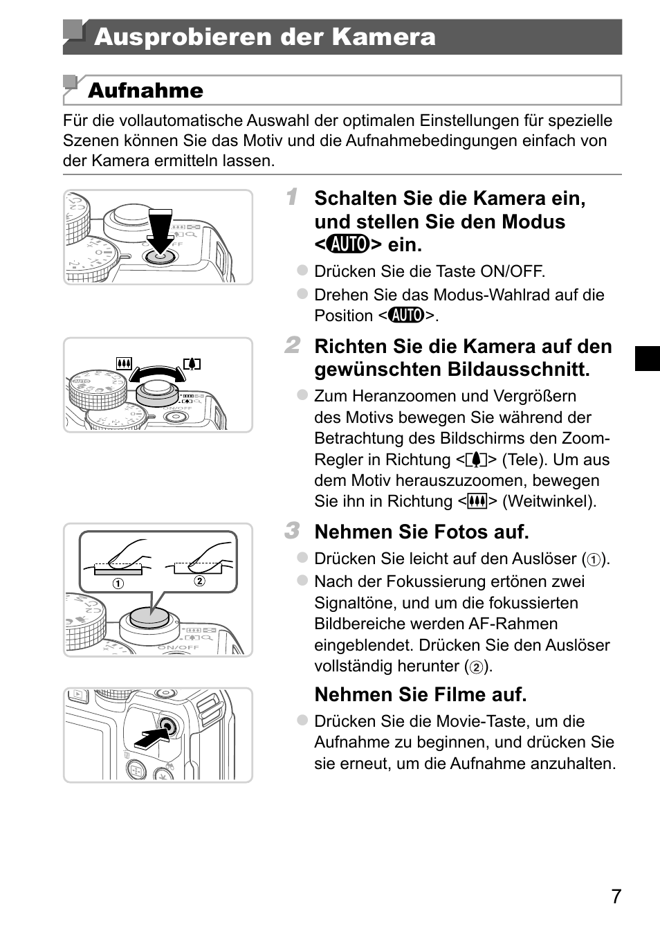 Ausprobieren der kamera | Canon PowerShot G15 User Manual | Page 15 / 146