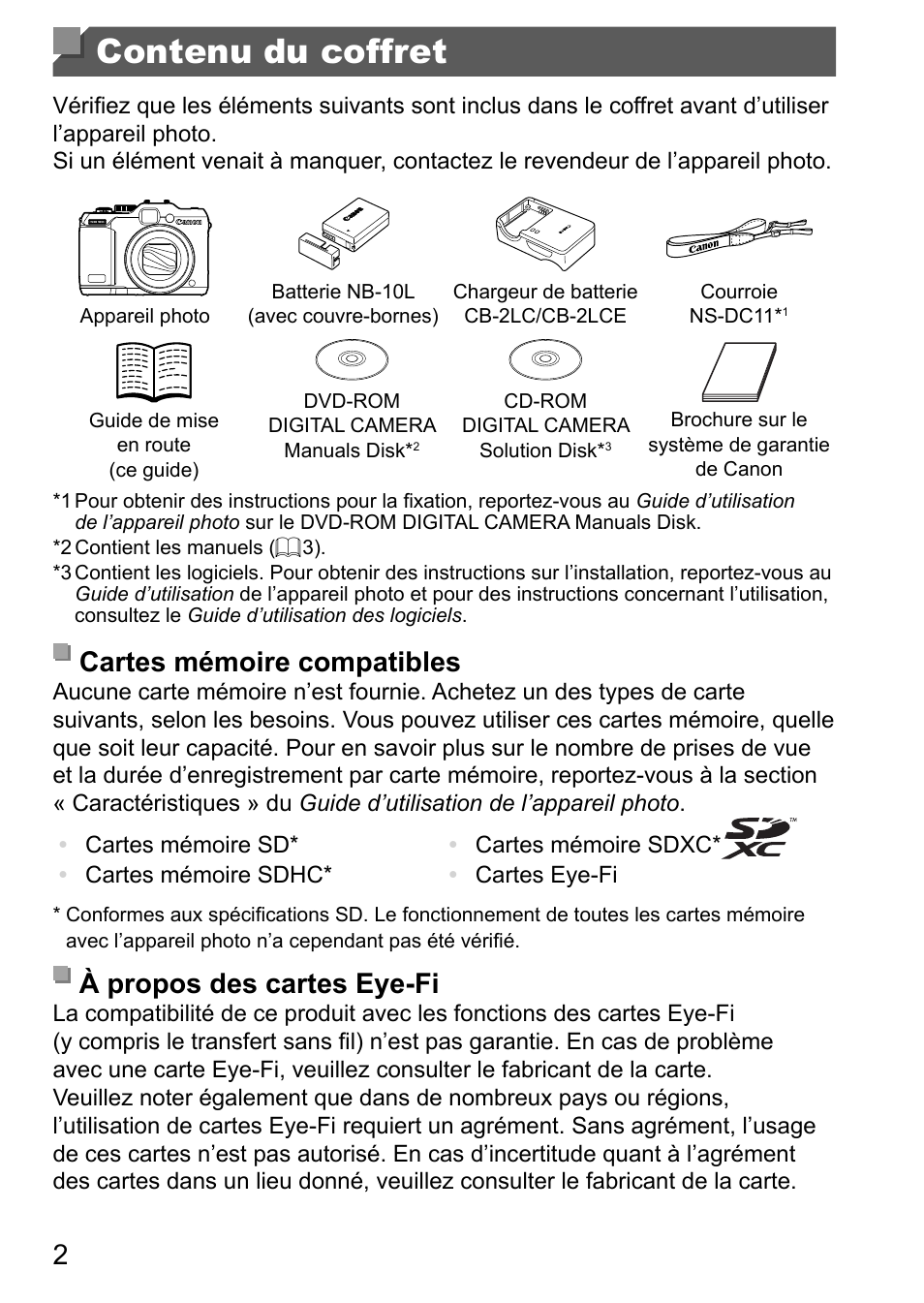 Contenu du coffret, Cartes mémoire compatibles, А propos des cartes eye-fi | Canon PowerShot G15 User Manual | Page 18 / 146