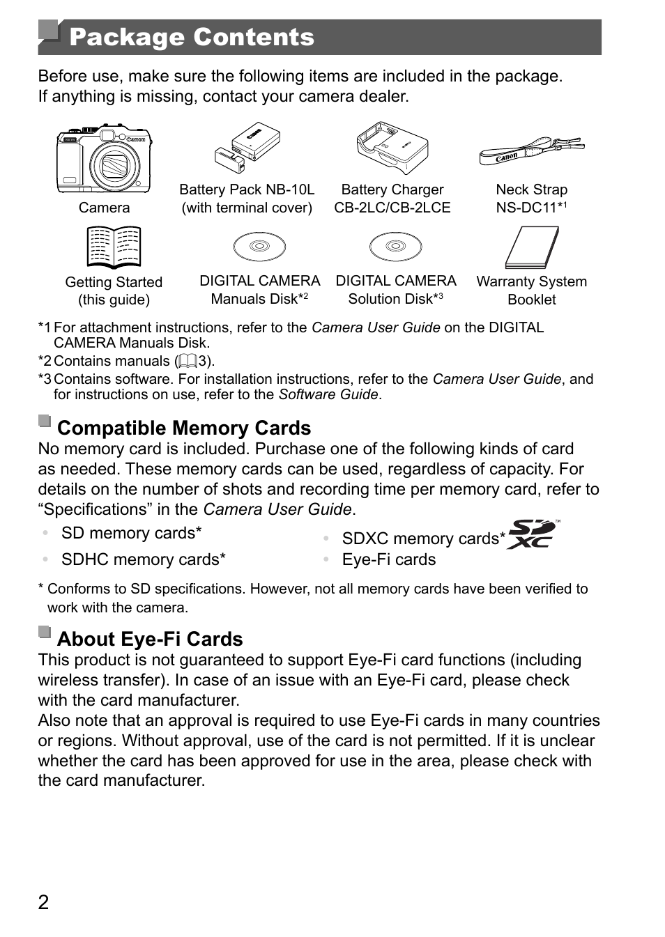 Package contents, About eye-fi cards | Canon PowerShot G15 User Manual | Page 2 / 146