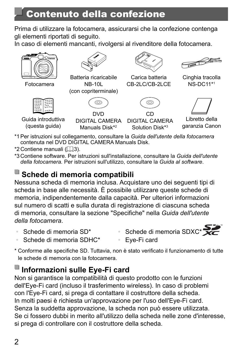 Contenuto della confezione, Informazioni sulle eye-fi card | Canon PowerShot G15 User Manual | Page 34 / 146