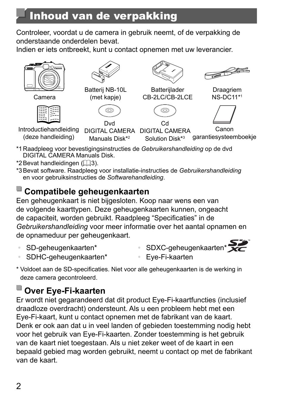 Inhoud van de verpakking, Compatibele geheugenkaarten, Over eye-fi-kaarten | Canon PowerShot G15 User Manual | Page 42 / 146