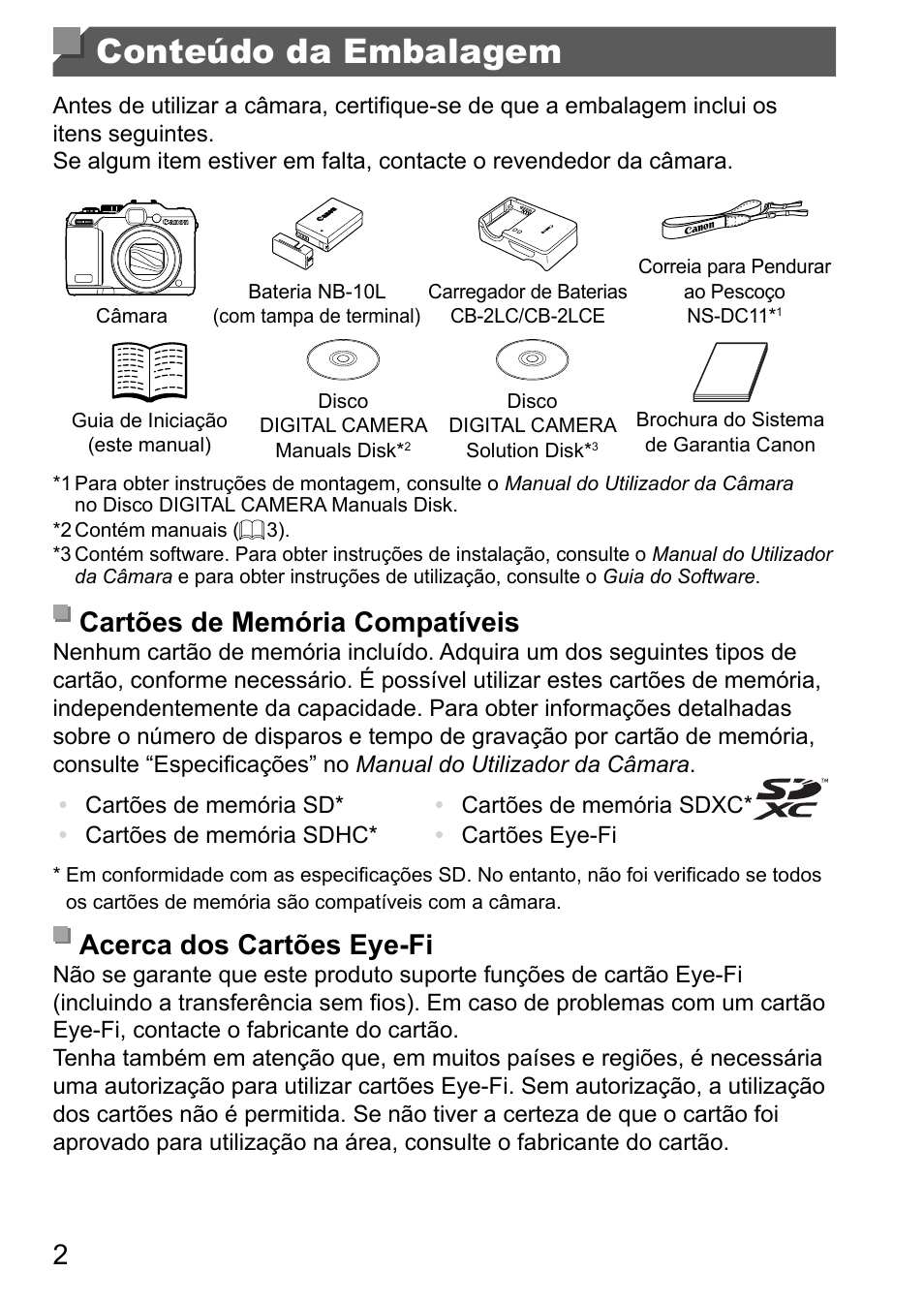 Conteúdo da embalagem, Cartões de memória compatíveis, Acerca dos cartões eye-fi | Canon PowerShot G15 User Manual | Page 50 / 146