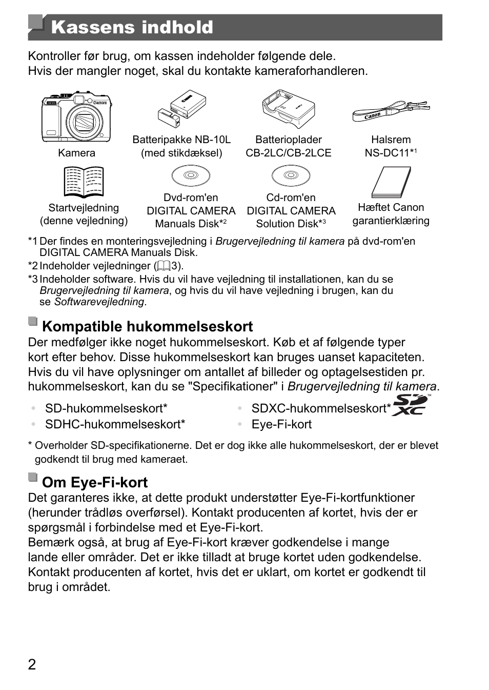 Kassens indhold, Kompatible hukommelseskort, Om eye-fi-kort | Canon PowerShot G15 User Manual | Page 58 / 146