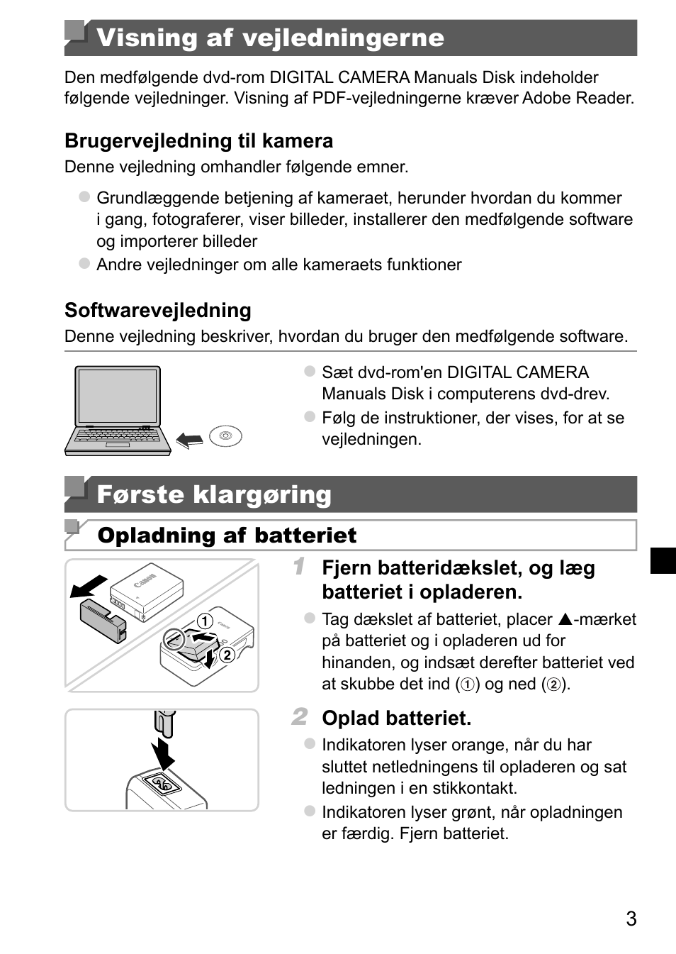 Visning af vejledningerne, Første klargøring | Canon PowerShot G15 User Manual | Page 59 / 146