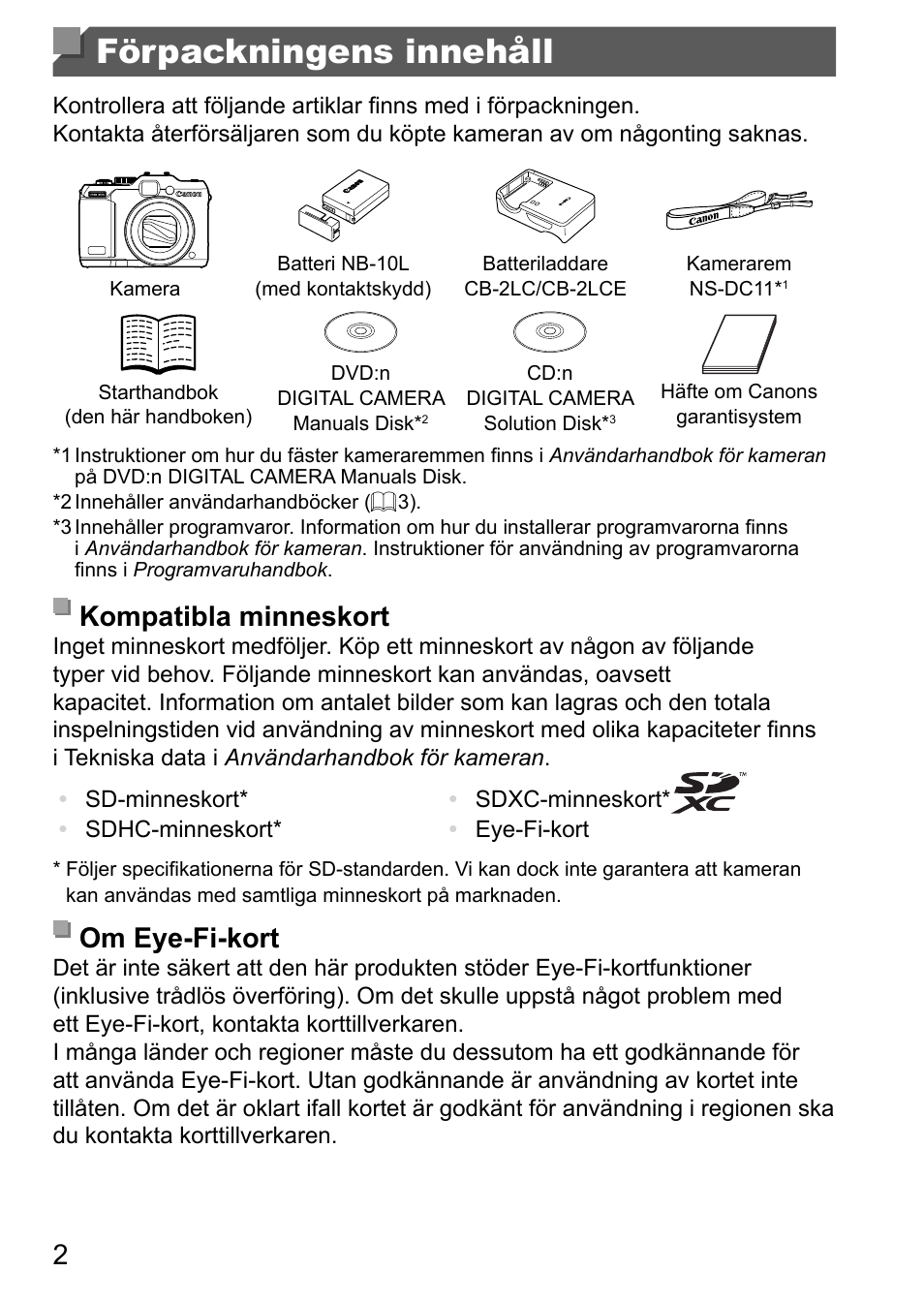 Förpackningens innehåll, Kompatibla minneskort, Om eye-fi-kort | Canon PowerShot G15 User Manual | Page 66 / 146