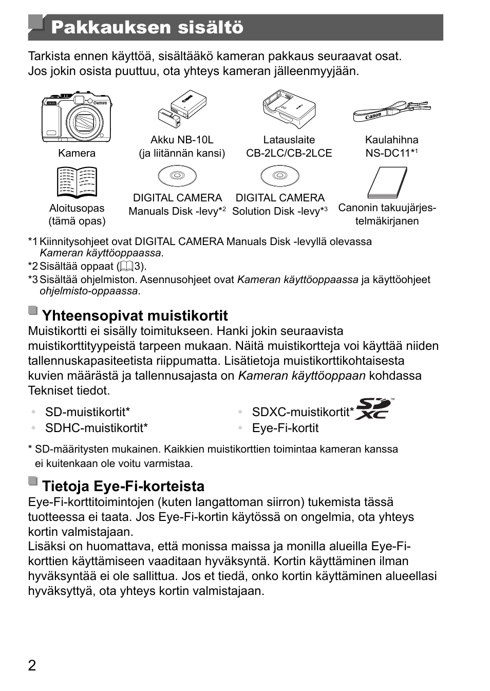 Pakkauksen sisältö, Yhteensopivat muistikortit, Tietoja eye-fi-korteista | Canon PowerShot G15 User Manual | Page 74 / 146