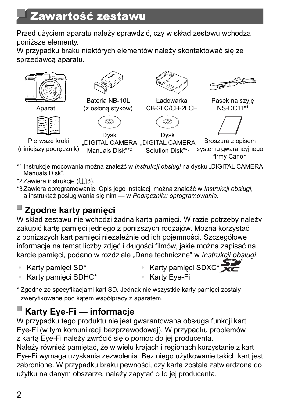 Zawartość zestawu, Zgodne karty pamięci, Karty eye-fi — informacje | Canon PowerShot G15 User Manual | Page 98 / 146