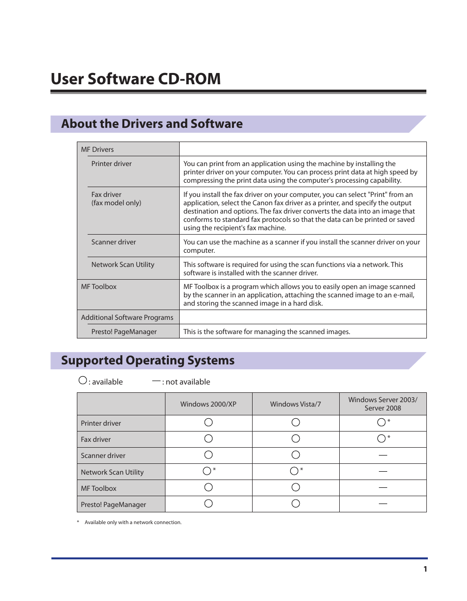 User software cd-rom, About the drivers and software, Supported operating systems | Canon i-SENSYS MF5980dw User Manual | Page 2 / 40