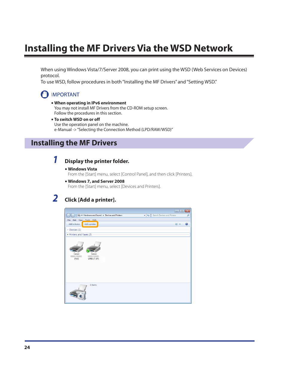 Installing the mf drivers via the wsd network, Installing the mf drivers | Canon i-SENSYS MF5980dw User Manual | Page 25 / 40