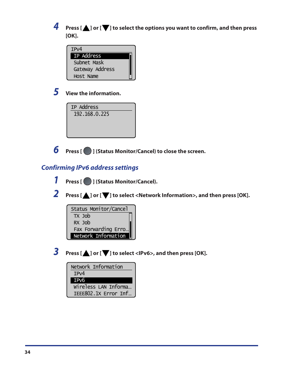 Confirming ipv6 address settings | Canon i-SENSYS MF5980dw User Manual | Page 35 / 40