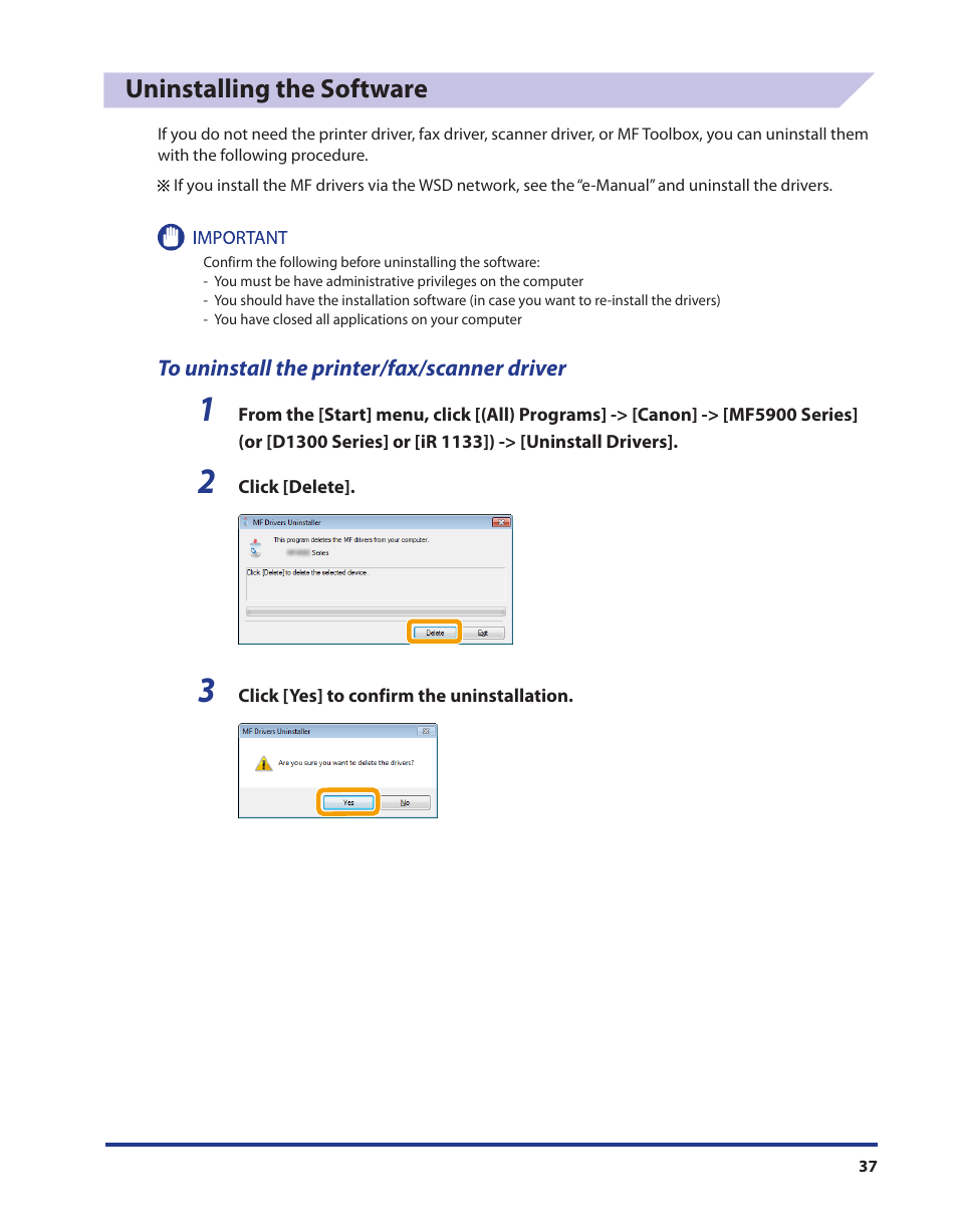 Uninstalling the software, To uninstall the printer/fax/scanner driver | Canon i-SENSYS MF5980dw User Manual | Page 38 / 40