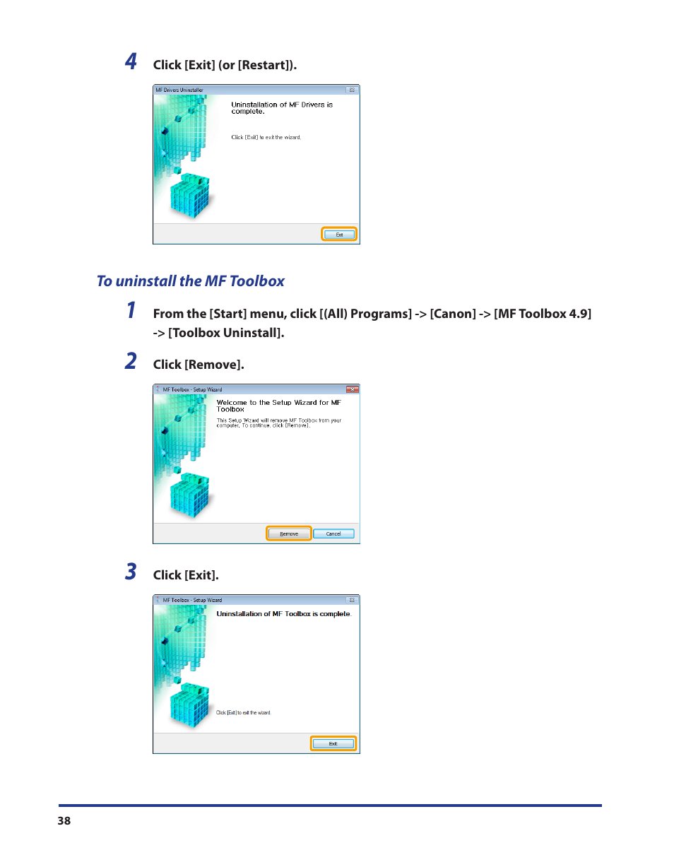 To uninstall the mf toolbox | Canon i-SENSYS MF5980dw User Manual | Page 39 / 40
