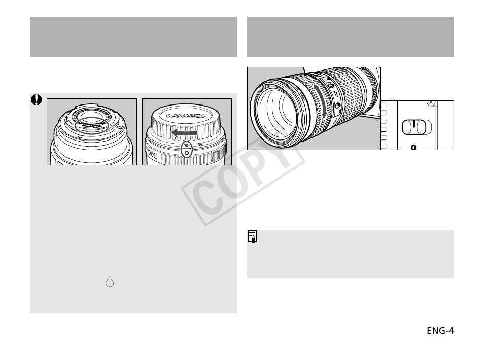 Cop y, Setting the focus mode, Mounting and detaching the lens | Canon EF 70-200mm f4L USM User Manual | Page 5 / 13