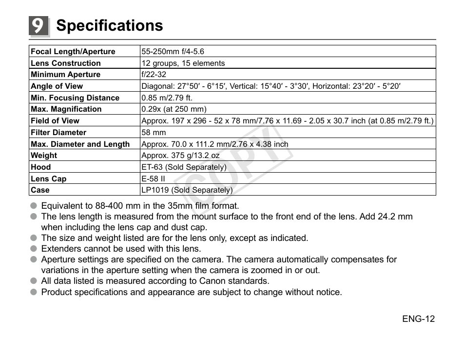 Cop y, Specifications | Canon EF-S 55-250mm f4-5.6 IS STM User Manual | Page 13 / 14