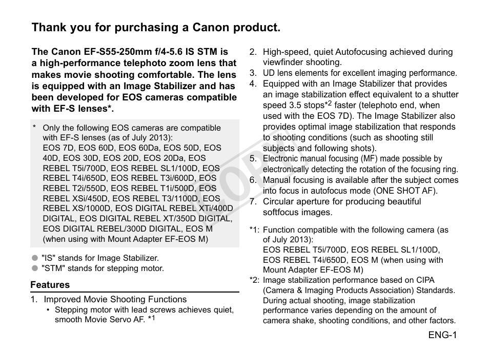 Cop y | Canon EF-S 55-250mm f4-5.6 IS STM User Manual | Page 2 / 14