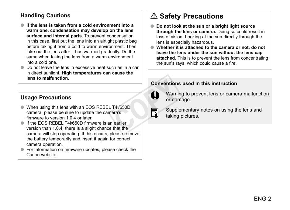 Cop y, Safety precautions | Canon EF-S 55-250mm f4-5.6 IS STM User Manual | Page 3 / 14