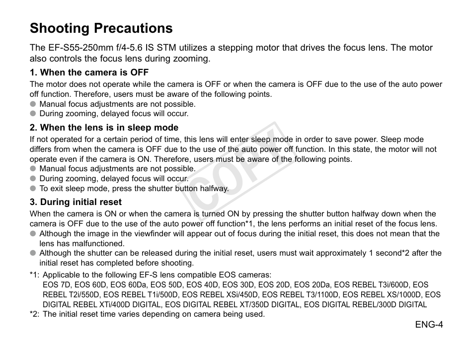 Cop y, Shooting precautions | Canon EF-S 55-250mm f4-5.6 IS STM User Manual | Page 5 / 14