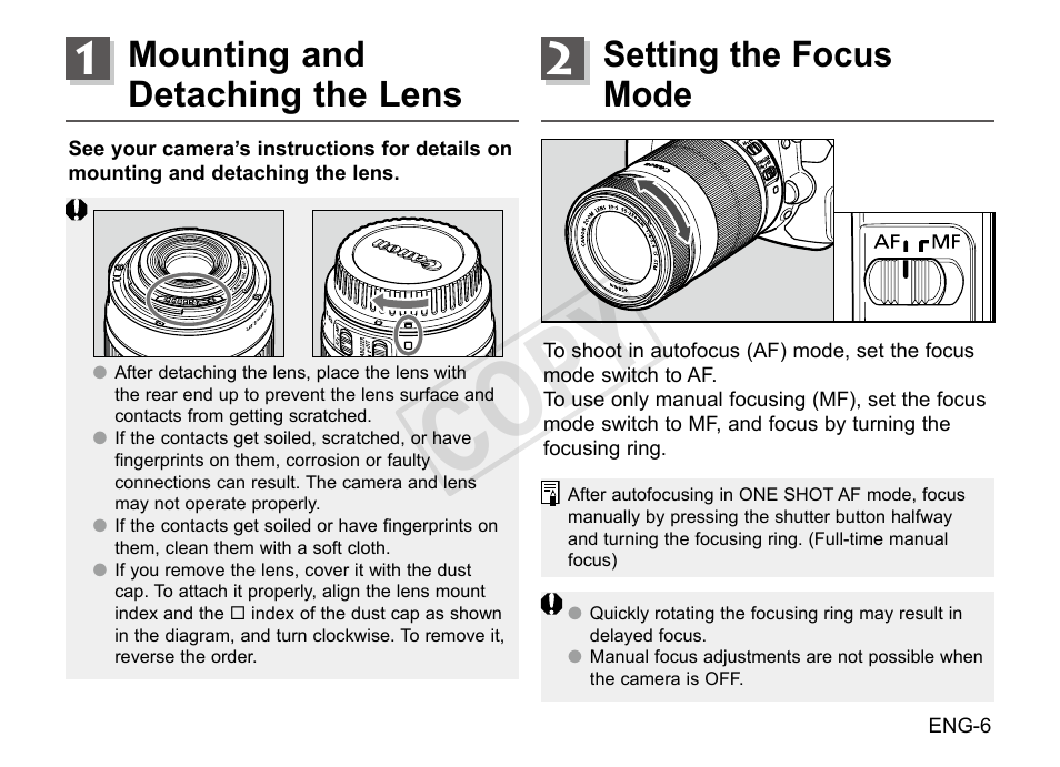 Cop y, Mounting and detaching the lens, Setting the focus mode | Canon EF-S 55-250mm f4-5.6 IS STM User Manual | Page 7 / 14