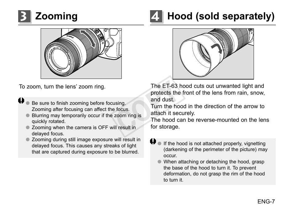 Cop y, Hood (sold separately), Zooming | Canon EF-S 55-250mm f4-5.6 IS STM User Manual | Page 8 / 14