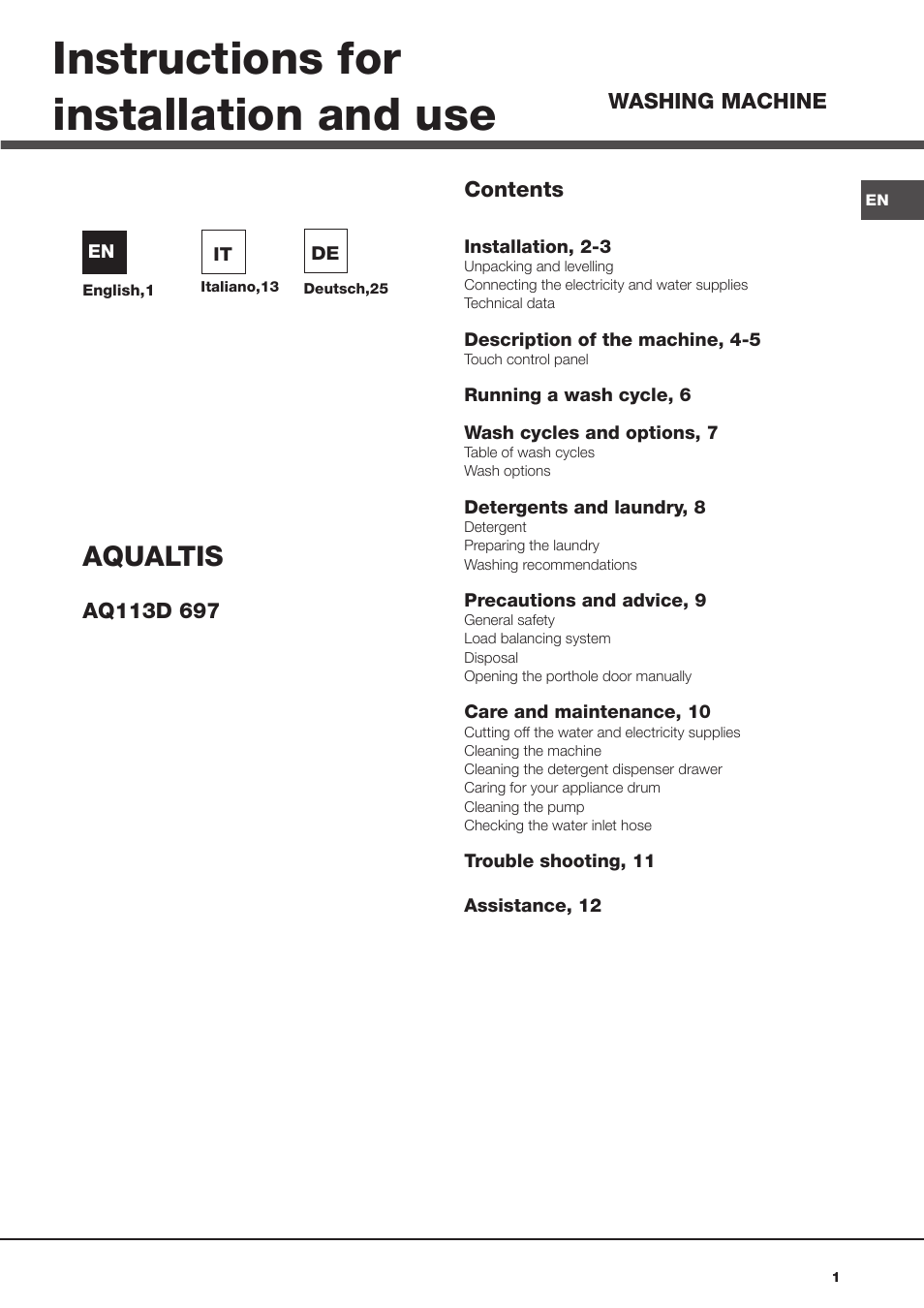 Hotpoint Ariston Aqualtis AQ113D 697 User Manual | 36 pages