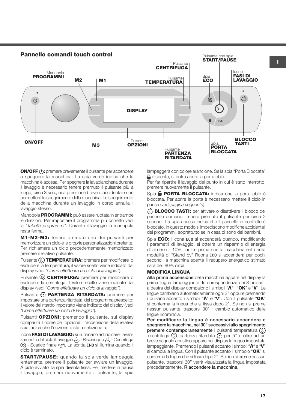 Pannello comandi touch control | Hotpoint Ariston Aqualtis AQ113D 697 User Manual | Page 17 / 36