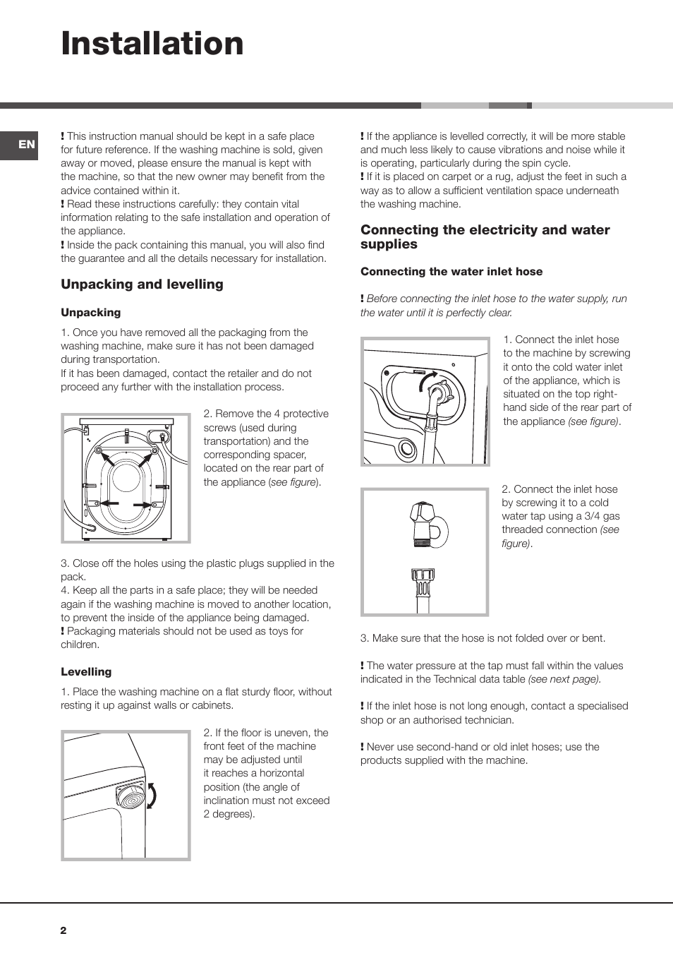 Installation | Hotpoint Ariston Aqualtis AQ113D 697 User Manual | Page 2 / 36