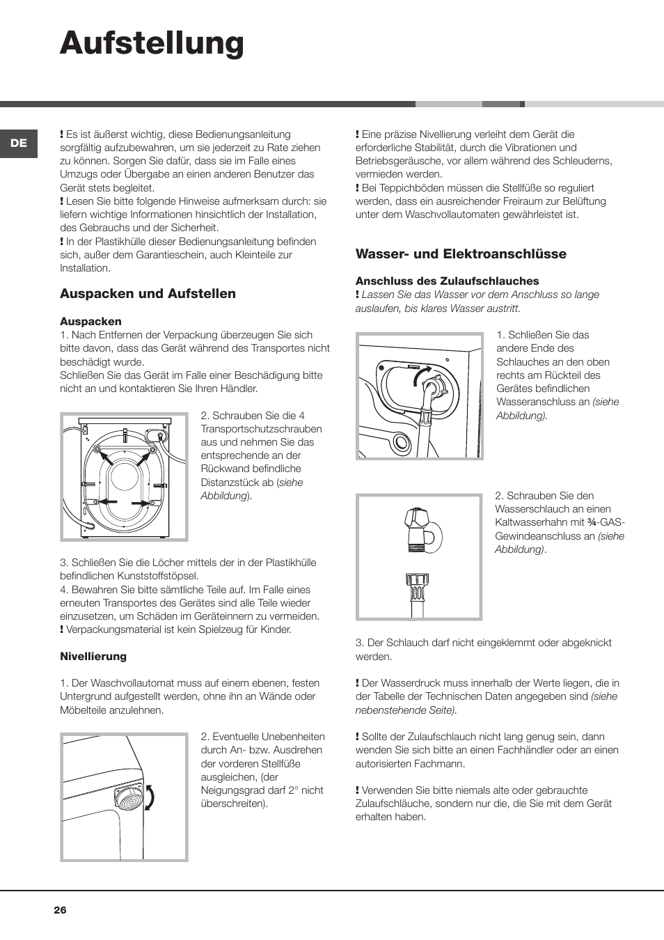 Aufstellung | Hotpoint Ariston Aqualtis AQ113D 697 User Manual | Page 26 / 36