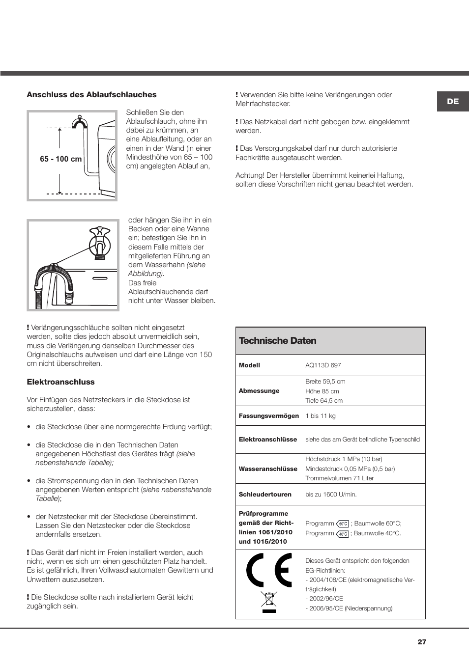 Technische daten | Hotpoint Ariston Aqualtis AQ113D 697 User Manual | Page 27 / 36