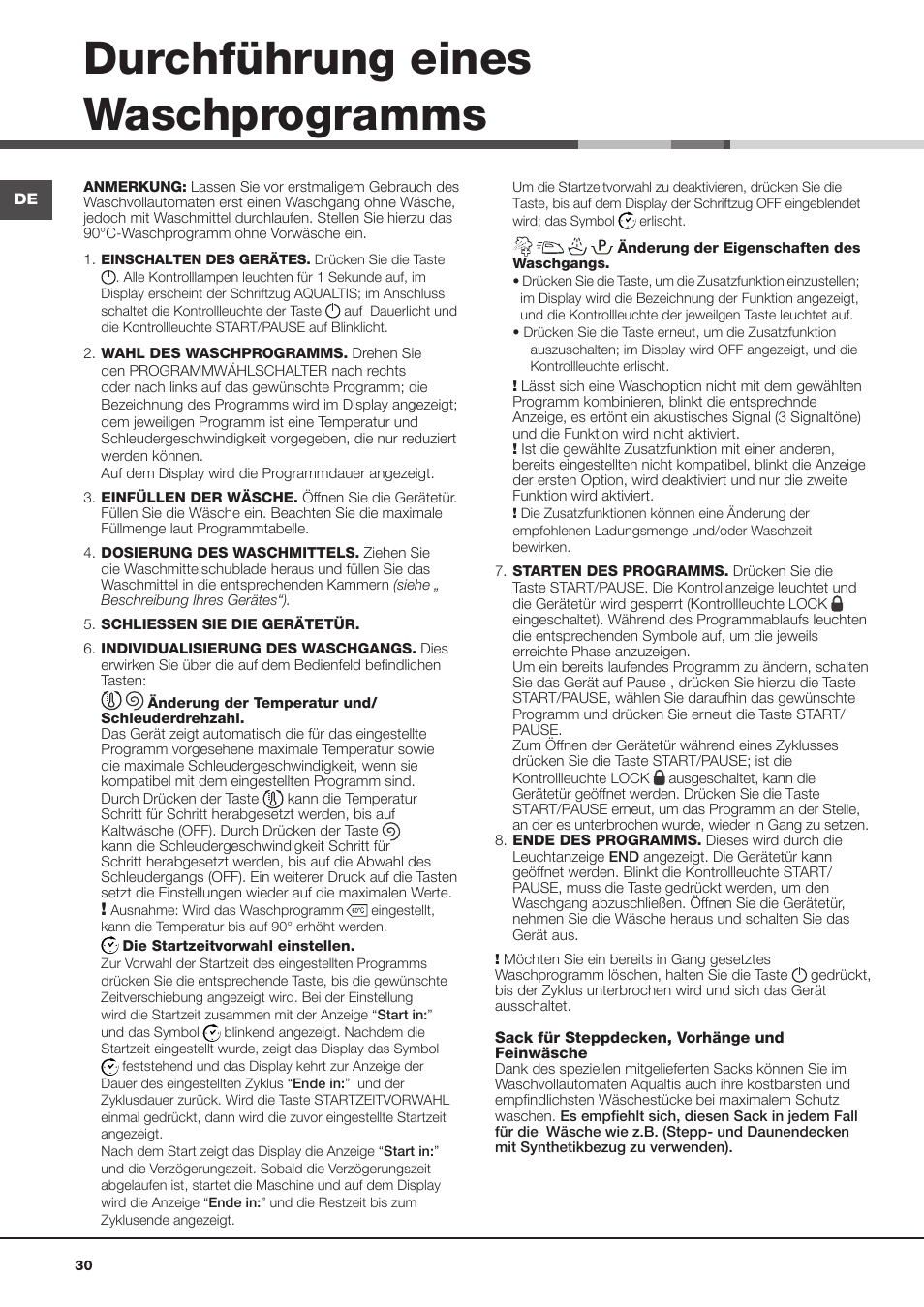 Durchführung eines waschprogramms | Hotpoint Ariston Aqualtis AQ113D 697 User Manual | Page 30 / 36