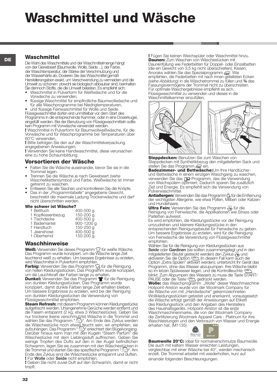 Waschmittel und wäsche, Waschmittel, Vorsortieren der wäsche | Waschhinweise | Hotpoint Ariston Aqualtis AQ113D 697 User Manual | Page 32 / 36