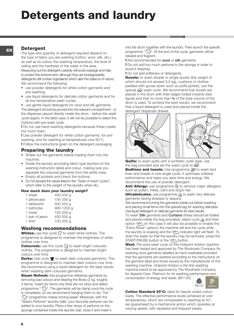 Detergents and laundry, Detergent, Preparing the laundry | Washing recommendations | Hotpoint Ariston Aqualtis AQ113D 697 User Manual | Page 8 / 36