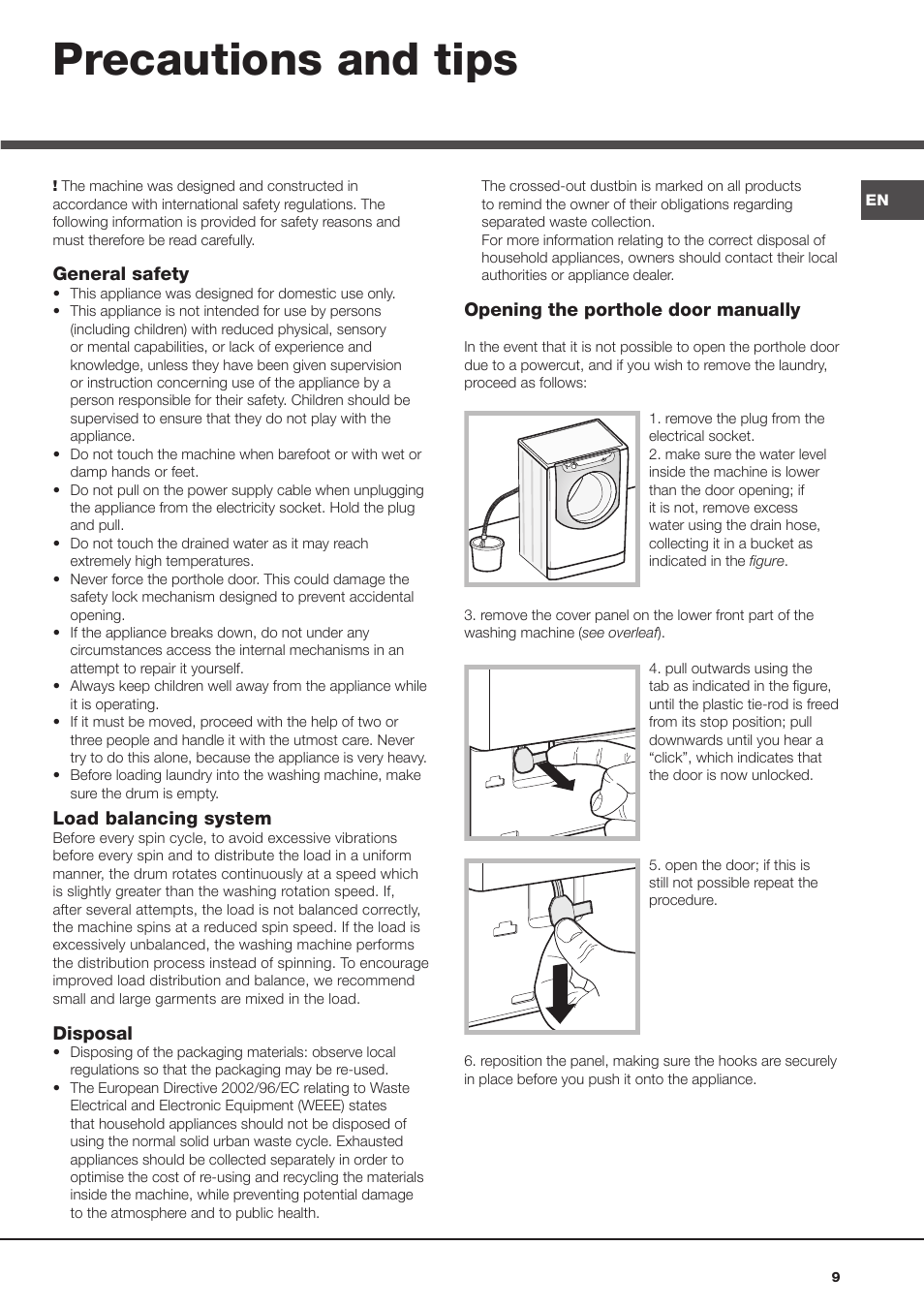 Precautions and tips | Hotpoint Ariston Aqualtis AQ113D 697 User Manual | Page 9 / 36