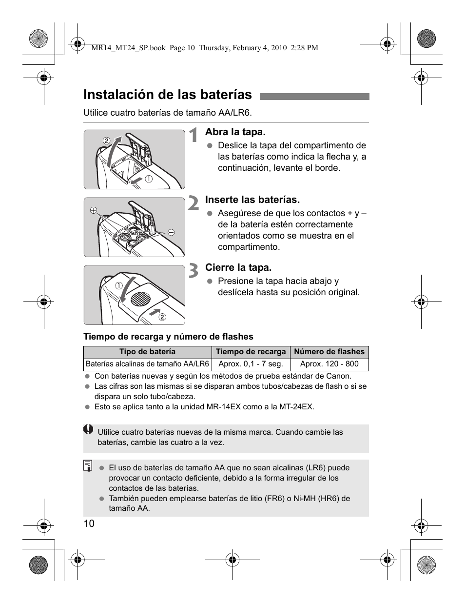Instalación de las baterías | Canon Macro Twin Lite MT-24EX User Manual | Page 100 / 136
