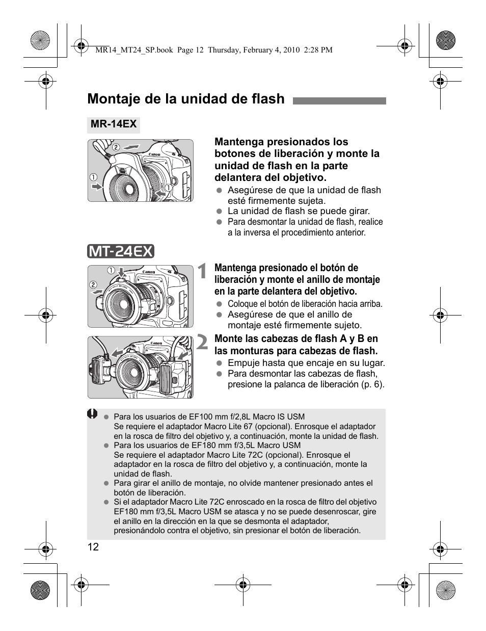 Montaje de la unidad de flash | Canon Macro Twin Lite MT-24EX User Manual | Page 102 / 136