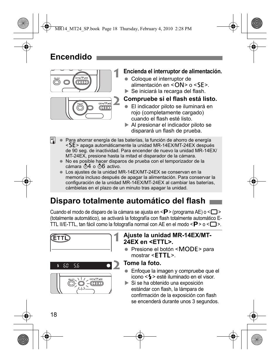 Encendido, Disparo totalmente automático del flash | Canon Macro Twin Lite MT-24EX User Manual | Page 108 / 136