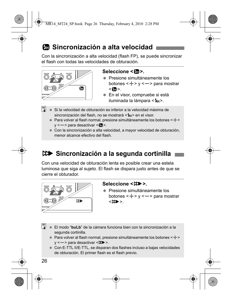 Csincronización a alta velocidad, Rsincronización a la segunda cortinilla | Canon Macro Twin Lite MT-24EX User Manual | Page 116 / 136