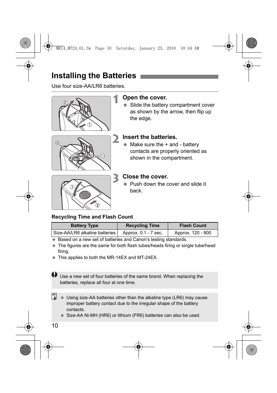 Installing the batteries | Canon Macro Twin Lite MT-24EX User Manual | Page 12 / 136