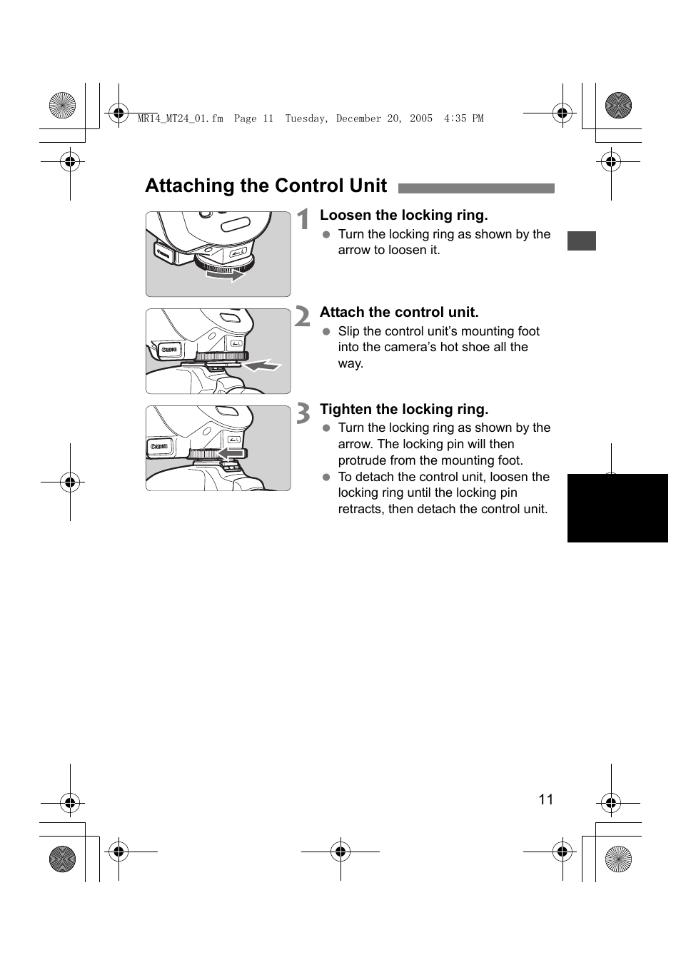 Attaching the control unit | Canon Macro Twin Lite MT-24EX User Manual | Page 13 / 136