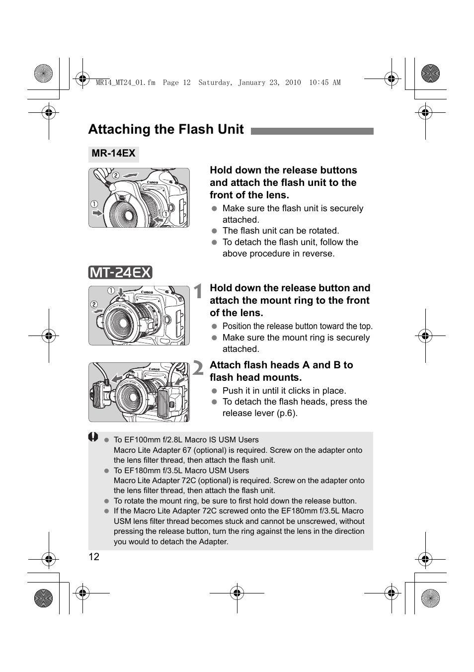 Attaching the flash unit | Canon Macro Twin Lite MT-24EX User Manual | Page 14 / 136