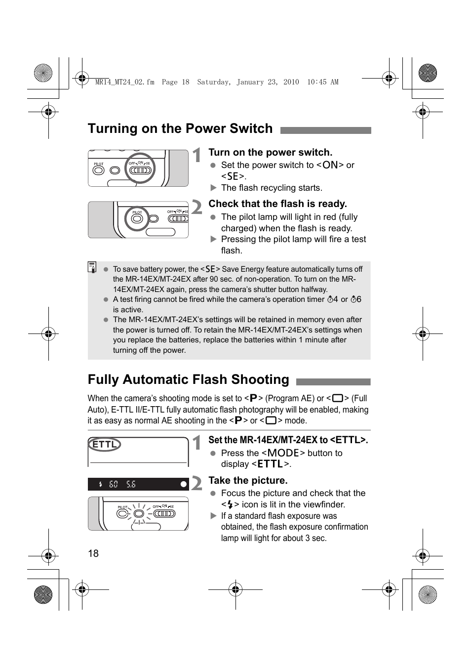 Turning on the power switch, Fully automatic flash shooting | Canon Macro Twin Lite MT-24EX User Manual | Page 20 / 136