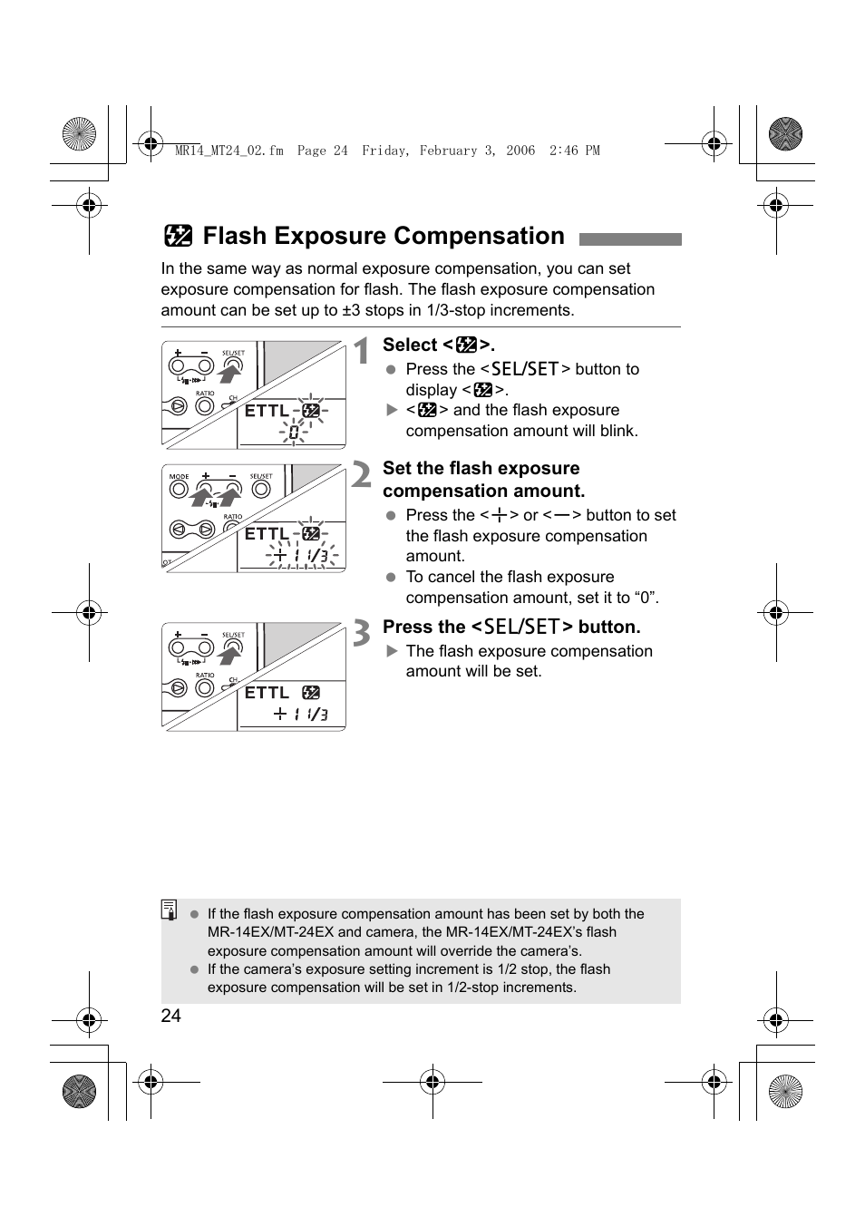 Fflash exposure compensation | Canon Macro Twin Lite MT-24EX User Manual | Page 26 / 136