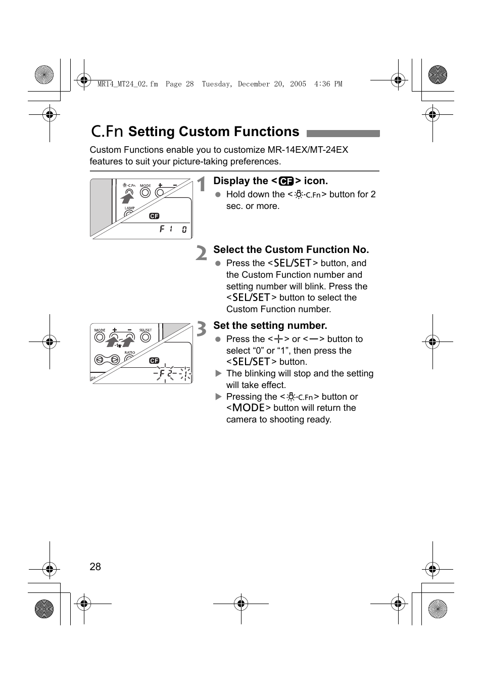 Csetting custom functions | Canon Macro Twin Lite MT-24EX User Manual | Page 30 / 136