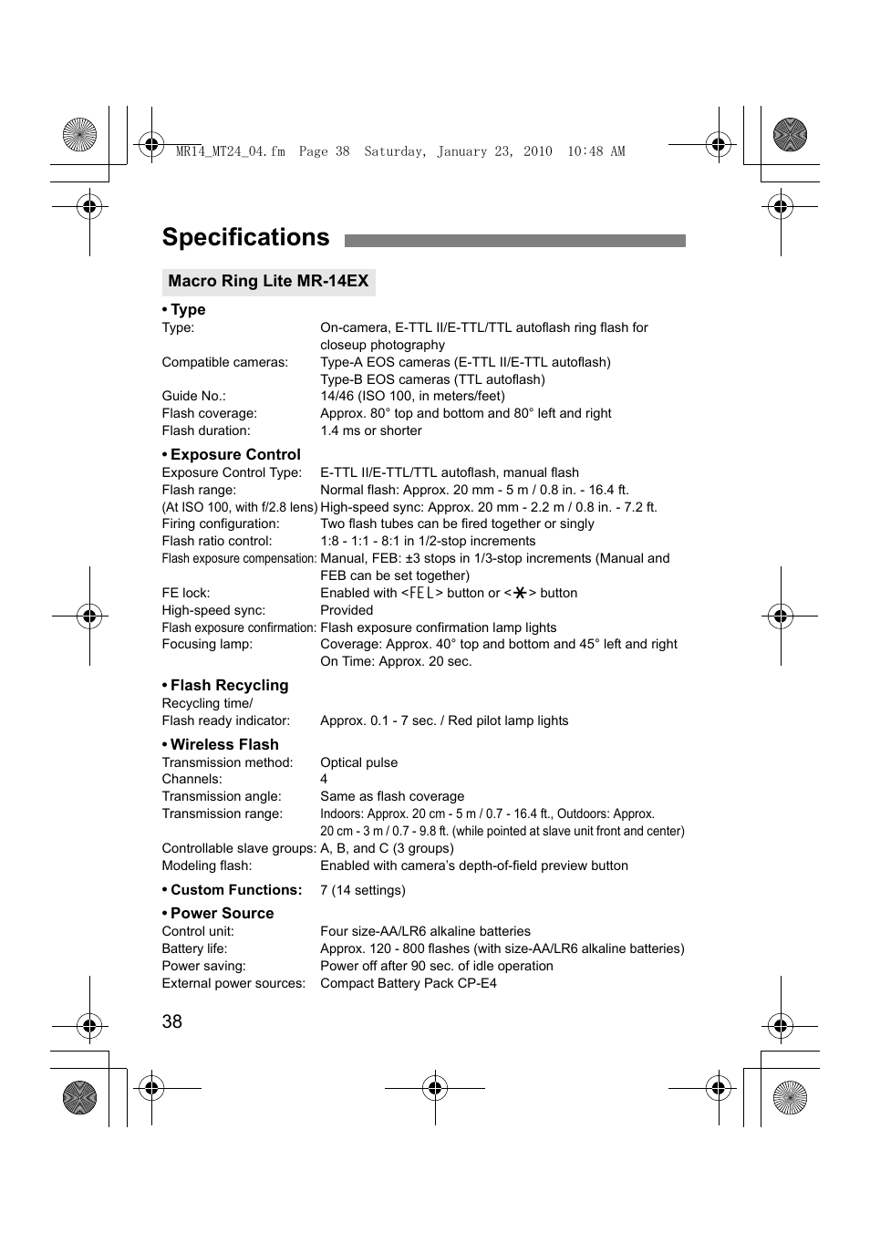 Specifications | Canon Macro Twin Lite MT-24EX User Manual | Page 40 / 136