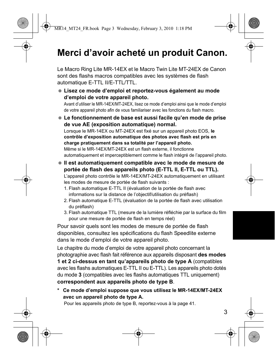 Merci d’avoir acheté un produit canon | Canon Macro Twin Lite MT-24EX User Manual | Page 49 / 136