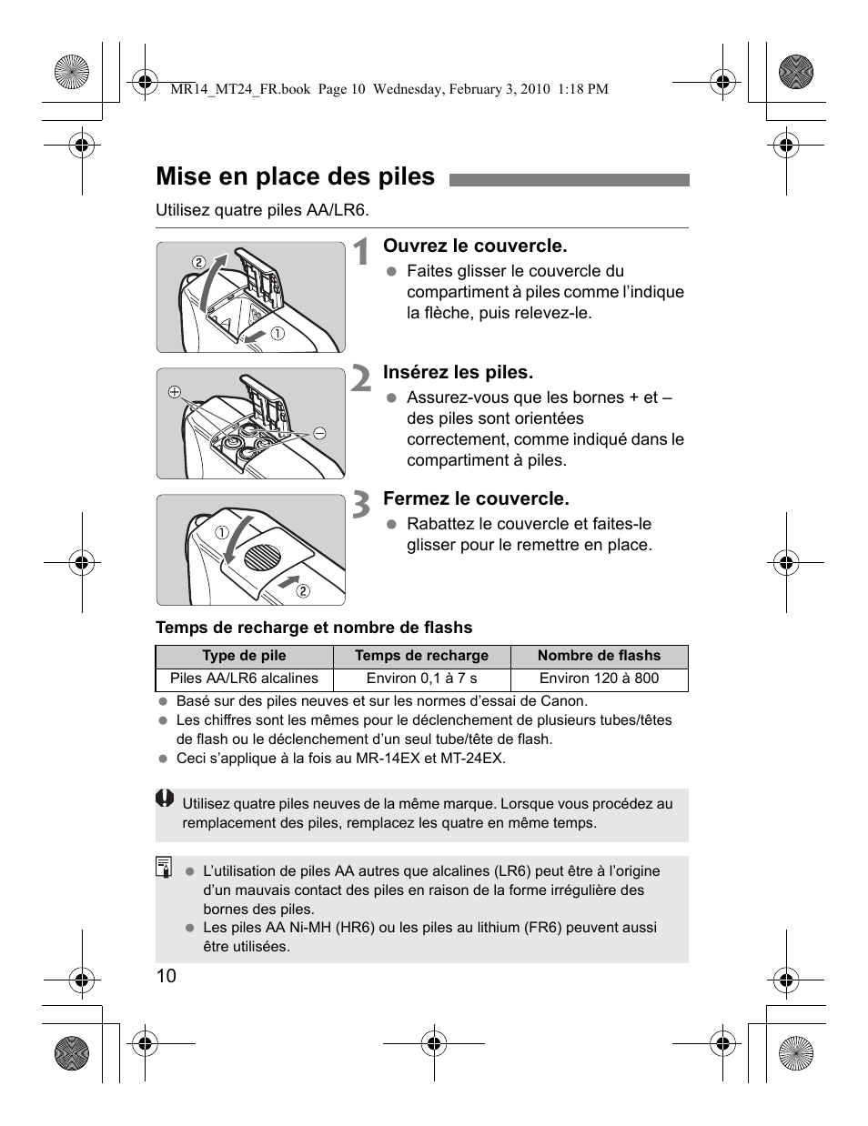 Mise en place des piles | Canon Macro Twin Lite MT-24EX User Manual | Page 56 / 136