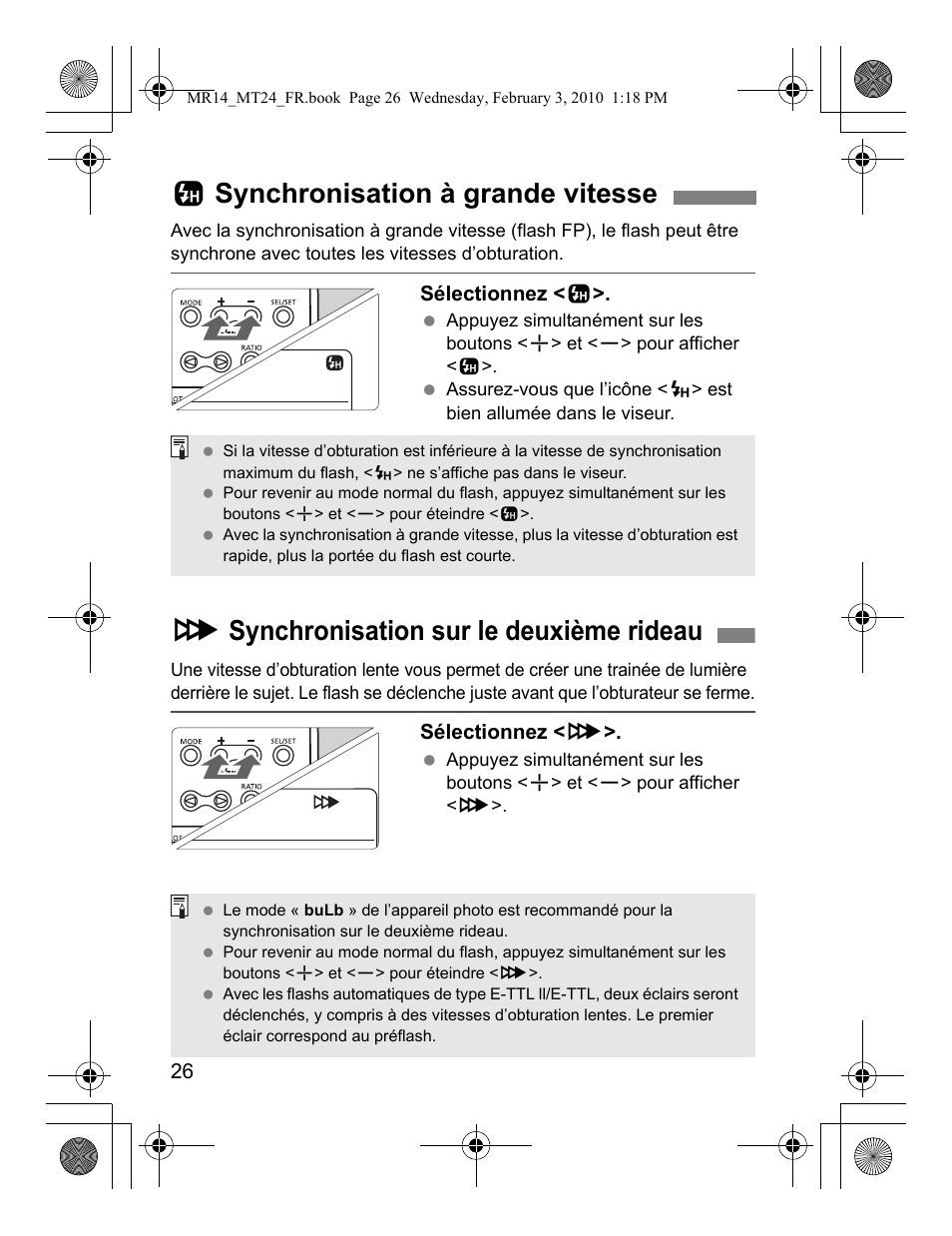 Csynchronisation à grande vitesse, Rsynchronisation sur le deuxième rideau | Canon Macro Twin Lite MT-24EX User Manual | Page 72 / 136