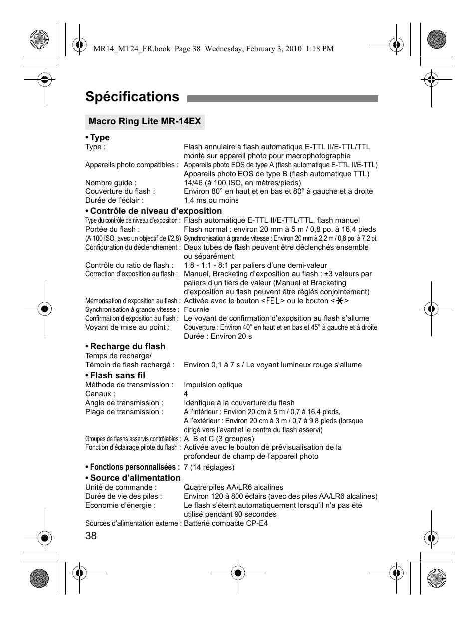 Spécifications | Canon Macro Twin Lite MT-24EX User Manual | Page 84 / 136