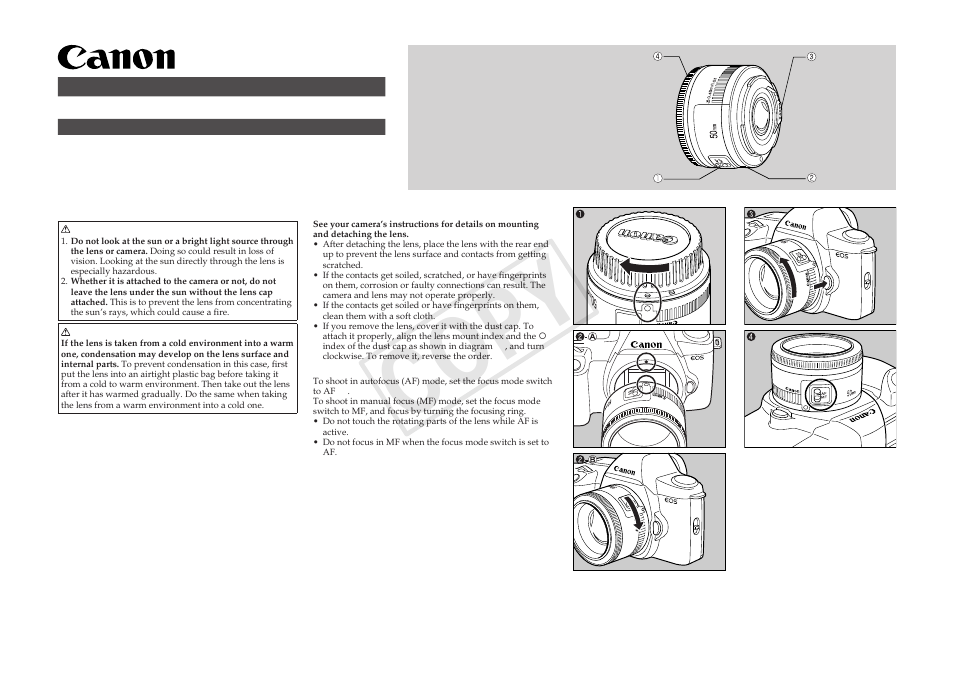 Canon EF 50mm f1.8 II User Manual | 2 pages